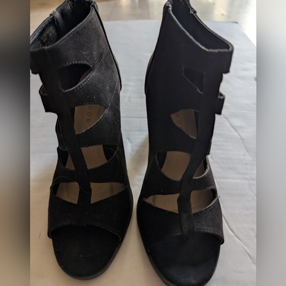 Metaphor Black Open Toe Ankle Zipper Back Heeled Boots Sz 5.5 - Picture 1 of 6